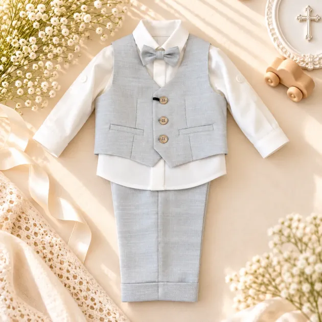 Completo battesimo celeste chiaro con gilet e papillon