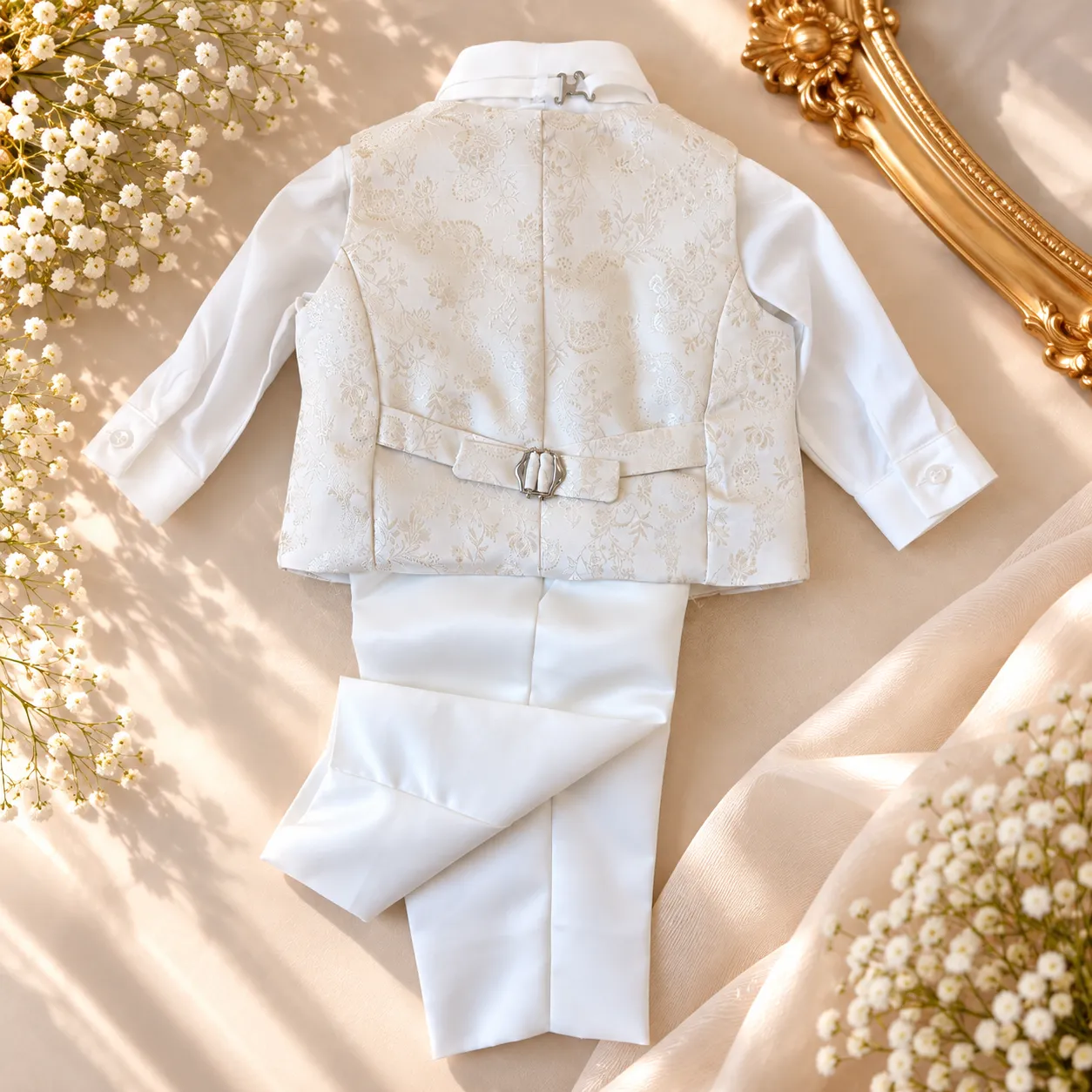 Completo battesimo bambino bianco con gilet damascato